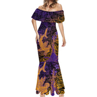 Hawaiian Volcano and Shark Mermaid Dress Polynesian and Hibiscus Pattern Purple Yellow Gradient