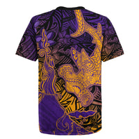 Hawaiian Volcano and Shark Rugby Jersey Polynesian and Hibiscus Pattern Purple Yellow Gradient LT03 - Polynesian Pride