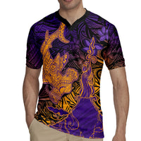 Hawaiian Volcano and Shark Rugby Jersey Polynesian and Hibiscus Pattern Purple Yellow Gradient LT03 - Polynesian Pride