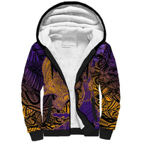 Hawaiian Volcano and Shark Sherpa Hoodie Polynesian and Hibiscus Pattern Purple Yellow Gradient LT03 Unisex Purple - Polynesian Pride
