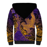 Hawaiian Volcano and Shark Sherpa Hoodie Polynesian and Hibiscus Pattern Purple Yellow Gradient LT03 - Polynesian Pride