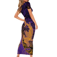 Hawaiian Volcano and Shark Short Sleeve Bodycon Dress Polynesian and Hibiscus Pattern Purple Yellow Gradient LT03 - Polynesian Pride