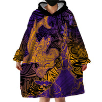 Hawaiian Volcano and Shark Wearable Blanket Hoodie Polynesian and Hibiscus Pattern Purple Yellow Gradient