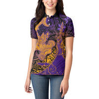 Hawaiian Volcano and Shark Women Polo Shirt Polynesian and Hibiscus Pattern Purple Yellow Gradient