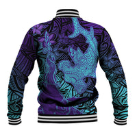Hawaiian Volcano and Shark Baseball Jacket Polynesian and Hibiscus Pattern Purple Cyan Gradient