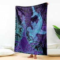 Hawaiian Volcano and Shark Blanket Polynesian and Hibiscus Pattern Purple Cyan Gradient