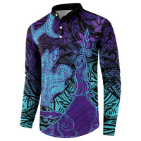 Hawaiian Volcano and Shark Button Sweatshirt Polynesian and Hibiscus Pattern Purple Cyan Gradient