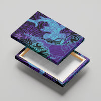 Hawaiian Volcano and Shark Canvas Wall Art Polynesian and Hibiscus Pattern Purple Cyan Gradient