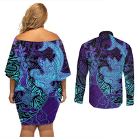 Hawaiian Volcano and Shark Couples Matching Off Shoulder Short Dress and Long Sleeve Button Shirt Polynesian and Hibiscus Pattern Purple Cyan Gradient