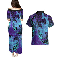 Hawaiian Volcano and Shark Couples Matching Puletasi and Hawaiian Shirt Polynesian and Hibiscus Pattern Purple Cyan Gradient LT03 - Polynesian Pride