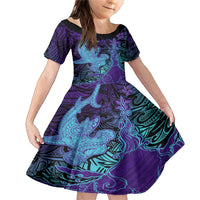 Hawaiian Volcano and Shark Family Matching Mermaid Dress and Hawaiian Shirt Polynesian and Hibiscus Pattern Purple Cyan Gradient