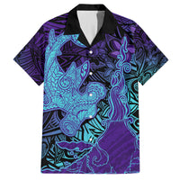 Hawaiian Volcano and Shark Family Matching Tank Maxi Dress and Hawaiian Shirt Polynesian and Hibiscus Pattern Purple Cyan Gradient