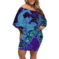 Hawaiian Volcano and Shark Off Shoulder Short Dress Polynesian and Hibiscus Pattern Purple Cyan Gradient LT03 Women Purple - Polynesian Pride