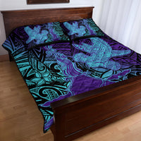 Hawaiian Volcano and Shark Quilt Bed Set Polynesian and Hibiscus Pattern Purple Cyan Gradient LT03 - Polynesian Pride