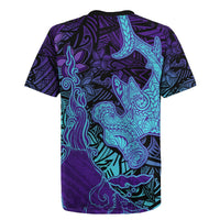 Hawaiian Volcano and Shark Rugby Jersey Polynesian and Hibiscus Pattern Purple Cyan Gradient LT03 - Polynesian Pride