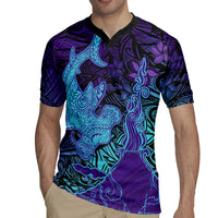 Hawaiian Volcano and Shark Rugby Jersey Polynesian and Hibiscus Pattern Purple Cyan Gradient LT03 - Polynesian Pride
