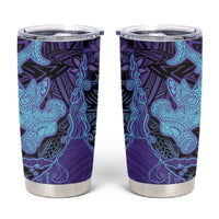 Hawaiian Volcano and Shark Tumbler Cup Polynesian and Hibiscus Pattern Purple Cyan Gradient