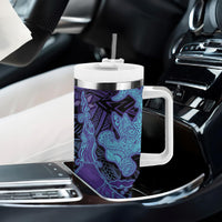 Hawaiian Volcano and Shark Tumbler With Handle Polynesian and Hibiscus Pattern Purple Cyan Gradient