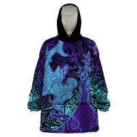 Hawaiian Volcano and Shark Wearable Blanket Hoodie Polynesian and Hibiscus Pattern Purple Cyan Gradient LT03 One Size Purple - Polynesian Pride