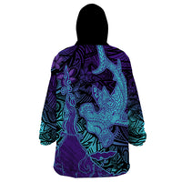 Hawaiian Volcano and Shark Wearable Blanket Hoodie Polynesian and Hibiscus Pattern Purple Cyan Gradient LT03 - Polynesian Pride