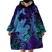 Hawaiian Volcano and Shark Wearable Blanket Hoodie Polynesian and Hibiscus Pattern Purple Cyan Gradient LT03 - Polynesian Pride