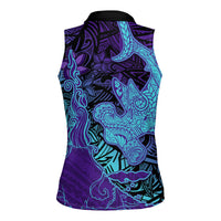Hawaiian Volcano and Shark Women Sleeveless Polo Shirt Polynesian and Hibiscus Pattern Purple Cyan Gradient