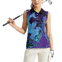 Hawaiian Volcano and Shark Women Sleeveless Polo Shirt Polynesian and Hibiscus Pattern Purple Cyan Gradient