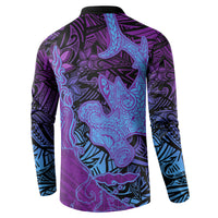 Hawaiian Volcano and Shark Button Sweatshirt Polynesian and Hibiscus Pattern Violet Gradient