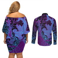 Hawaiian Volcano and Shark Couples Matching Off Shoulder Short Dress and Long Sleeve Button Shirt Polynesian and Hibiscus Pattern Violet Gradient LT03 - Polynesian Pride