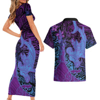 Hawaiian Volcano and Shark Couples Matching Short Sleeve Bodycon Dress and Hawaiian Shirt Polynesian and Hibiscus Pattern Violet Gradient LT03 - Polynesian Pride