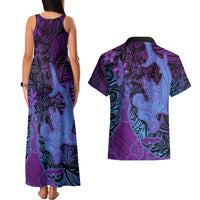 Hawaiian Volcano and Shark Couples Matching Tank Maxi Dress and Hawaiian Shirt Polynesian and Hibiscus Pattern Violet Gradient