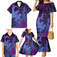 Hawaiian Volcano and Shark Family Matching Mermaid Dress and Hawaiian Shirt Polynesian and Hibiscus Pattern Violet Gradient