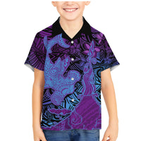 Hawaiian Volcano and Shark Family Matching Mermaid Dress and Hawaiian Shirt Polynesian and Hibiscus Pattern Violet Gradient