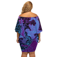 Hawaiian Volcano and Shark Family Matching Off Shoulder Short Dress and Hawaiian Shirt Polynesian and Hibiscus Pattern Violet Gradient LT03 - Polynesian Pride