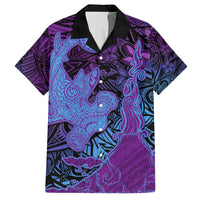 Hawaiian Volcano and Shark Family Matching Short Sleeve Bodycon Dress and Hawaiian Shirt Polynesian and Hibiscus Pattern Violet Gradient