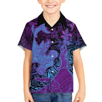 Hawaiian Volcano and Shark Family Matching Tank Maxi Dress and Hawaiian Shirt Polynesian and Hibiscus Pattern Violet Gradient