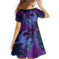 Hawaiian Volcano and Shark Kid Short Sleeve Dress Polynesian and Hibiscus Pattern Violet Gradient