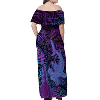 Hawaiian Volcano and Shark Off Shoulder Maxi Dress Polynesian and Hibiscus Pattern Violet Gradient