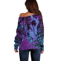 Hawaiian Volcano and Shark Off Shoulder Sweater Polynesian and Hibiscus Pattern Violet Gradient