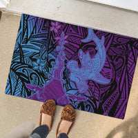 Hawaiian Volcano and Shark Rubber Doormat Polynesian and Hibiscus Pattern Violet Gradient