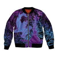 Hawaiian Volcano and Shark Sleeve Zip Bomber Jacket Polynesian and Hibiscus Pattern Violet Gradient