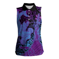 Hawaiian Volcano and Shark Women Sleeveless Polo Shirt Polynesian and Hibiscus Pattern Violet Gradient LT03 Female Violet - Polynesian Pride
