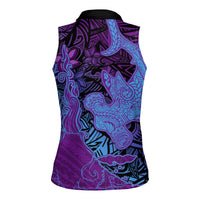 Hawaiian Volcano and Shark Women Sleeveless Polo Shirt Polynesian and Hibiscus Pattern Violet Gradient LT03 - Polynesian Pride