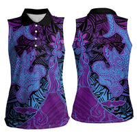 Hawaiian Volcano and Shark Women Sleeveless Polo Shirt Polynesian and Hibiscus Pattern Violet Gradient LT03 - Polynesian Pride