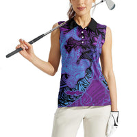 Hawaiian Volcano and Shark Women Sleeveless Polo Shirt Polynesian and Hibiscus Pattern Violet Gradient LT03 - Polynesian Pride