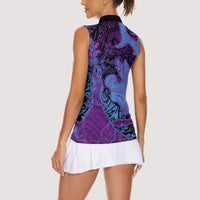 Hawaiian Volcano and Shark Women Sleeveless Polo Shirt Polynesian and Hibiscus Pattern Violet Gradient LT03 - Polynesian Pride