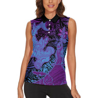 Hawaiian Volcano and Shark Women Sleeveless Polo Shirt Polynesian and Hibiscus Pattern Violet Gradient LT03 - Polynesian Pride