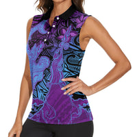 Hawaiian Volcano and Shark Women Sleeveless Polo Shirt Polynesian and Hibiscus Pattern Violet Gradient LT03 - Polynesian Pride