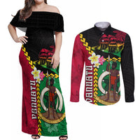 Vanuatu Nakamal and Plumeria Flowers Couples Matching Off Shoulder Maxi Dress and Long Sleeve Button Shirt Polynesian Pattern