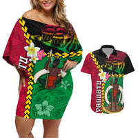 Vanuatu Nakamal and Plumeria Flowers Couples Matching Off Shoulder Short Dress and Hawaiian Shirt Polynesian Pattern